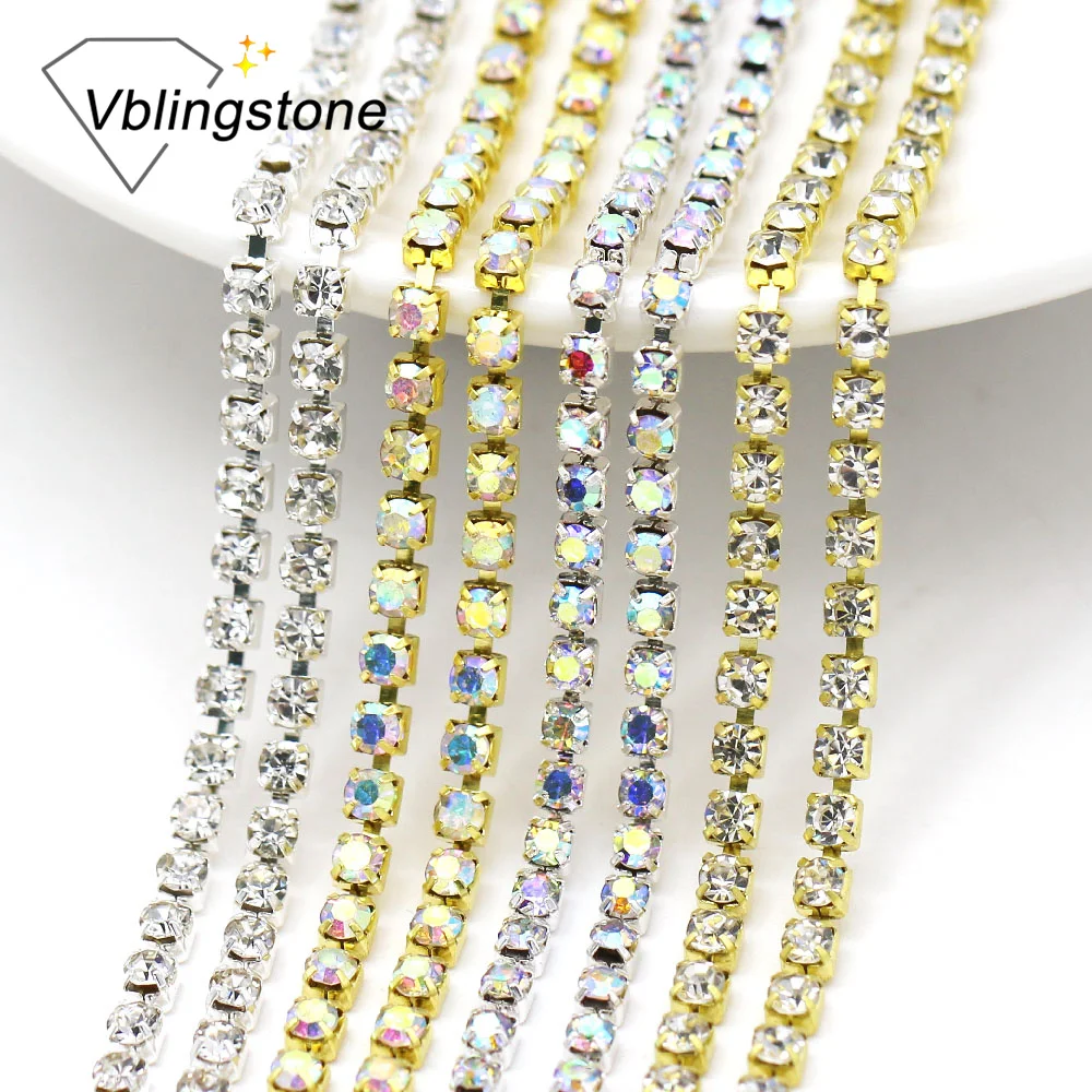 1 ярд Стразы цепочкой для одежды золотого и серебряного цветов снизу пришить