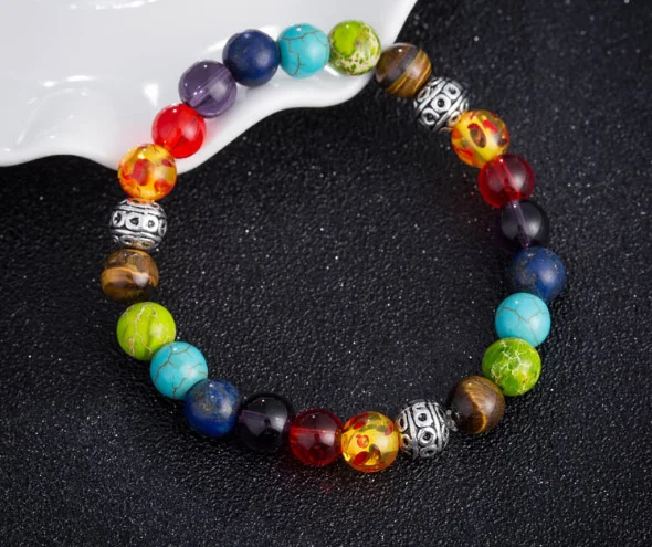

8mm Punk multicolor Agate beads Chakra Reiki Buddha Yoga Bracelet elastic adjustable Volcanic Stone Bangles tg43