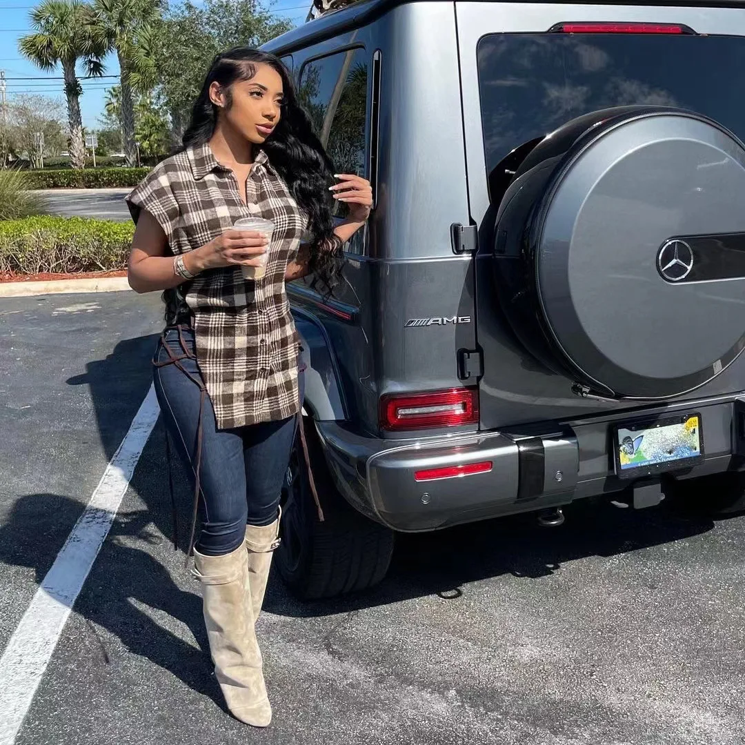 

Женская рубашка в клетку, с коротким рукавом и отложным воротником