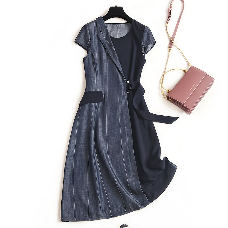 

2020 spring fashion striped patchwork denim dress women o-neck irregular high waist short sleeve bandage a-line dress
