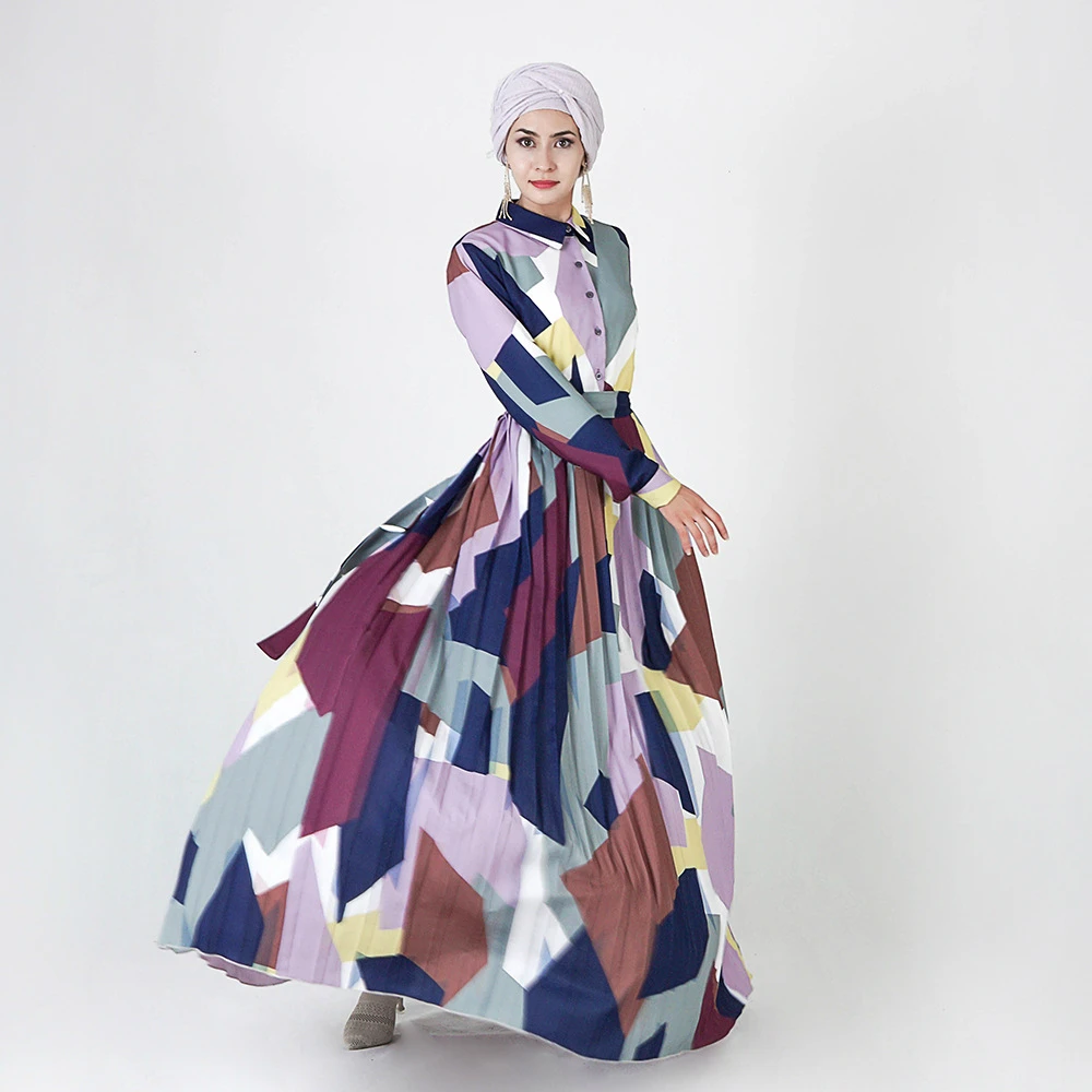 

New Women Muslim Geometric Printed Organ Pleated Skirt Abaya Dress Cardigan Islamic clothing Saudi Arabic Turkish Robe Musulman