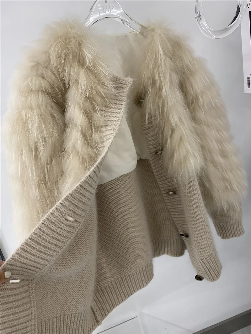 Women Real Raccoon Fur Coat Jacket Female Lady Winter Warm Knitted Sweater Coat Single Breasted Cardgain enlarge