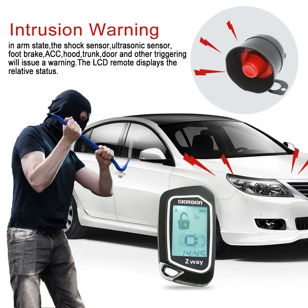 

2way automatic alarm system large screen LCD remote control mute burglar switch automatic lock shock/vibration universal alarm