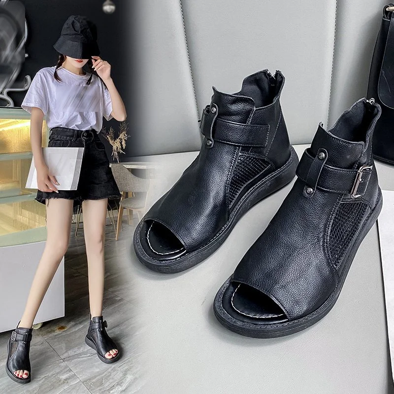 

Peep Toe Flat Sandals, Street Fashion High-top Shoes for Women, Breathable Gladiator Sandals with Hollow Mesh