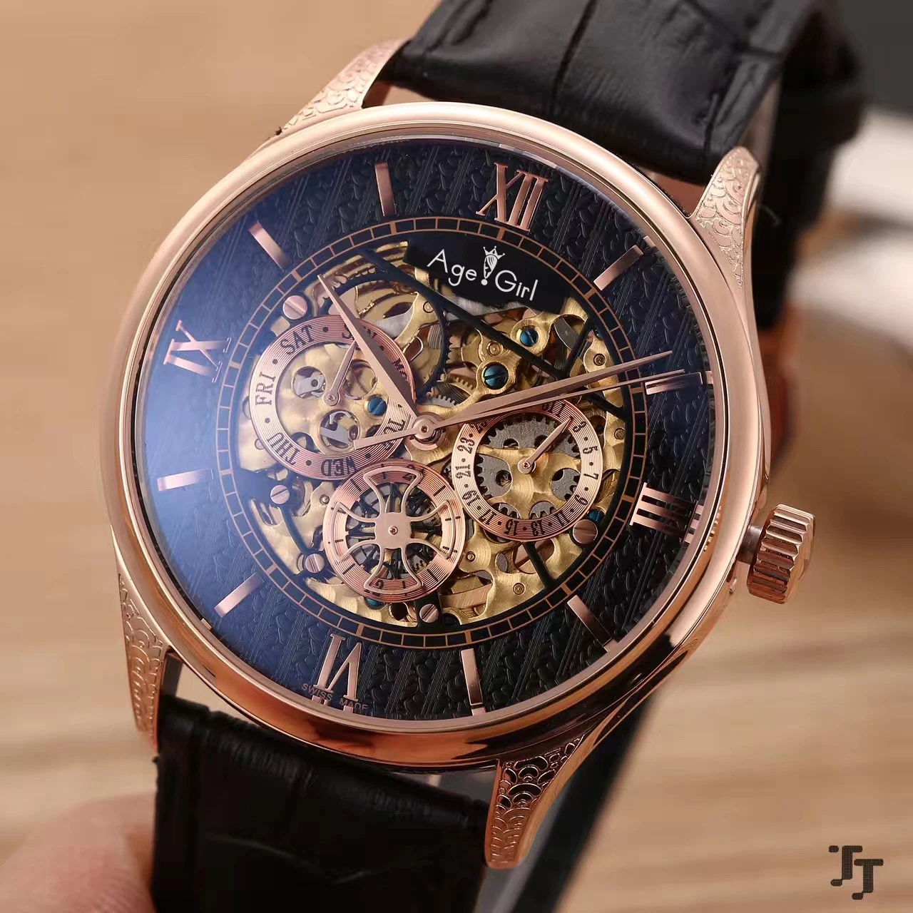 

Luxury Brand New Men Automatic Mechanical Skeleton Rome Stainless Steel Black BLue Leather Sapphire Rose Gold Glass Back Watch