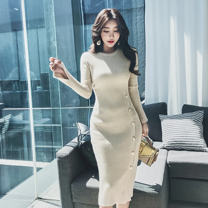 Новое высокое качество 2019 осеннее вязаное платье Для женщин модное с круглым