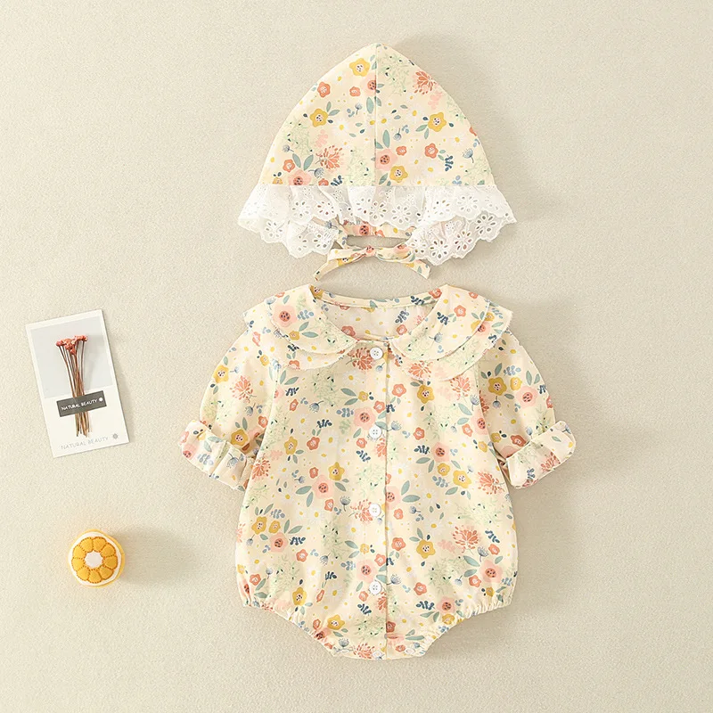 

Yg brand children's wear 2021 spring baby collar Korean long sleeve one-piece clothes send hat, rag, bag, fart clothes