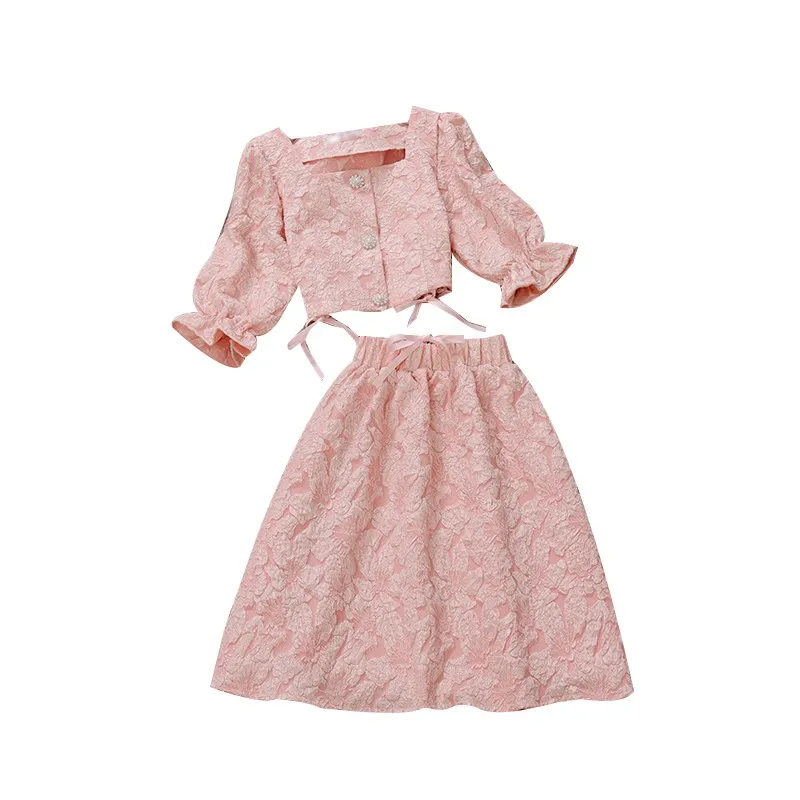

2021 spring new women square collar ruffles Jacquard jacket + high waist A-line skirt suit female two piece sets