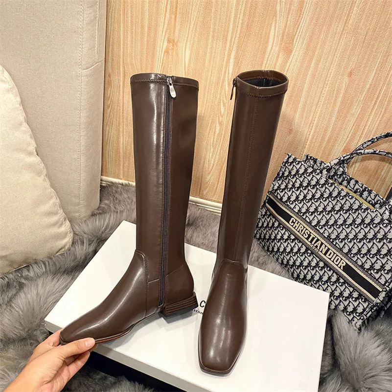 

Meotina Women Riding Boots Shoes Square Toe Chunky Heels Knee High Boots Zipper Low Heel Ladies Long Boots Autumn Black Brown 40
