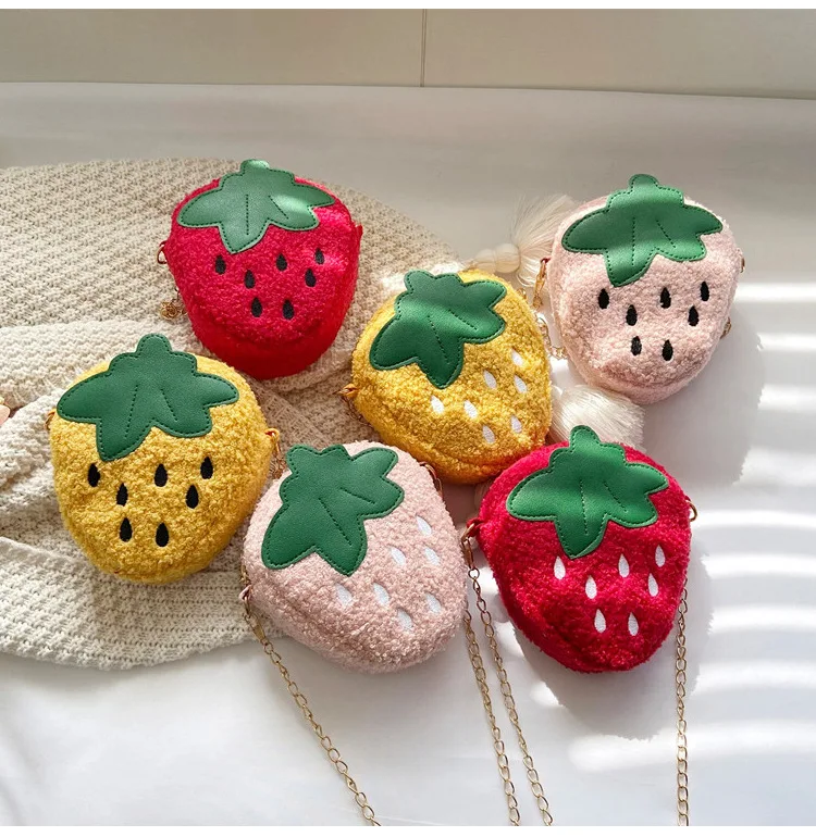 Faux Lamb Wool Children's Strawberry Shoulder Bag Cute Baby Girls Chain Messenger Bags Kids Plush Small Coin Purse Handbags