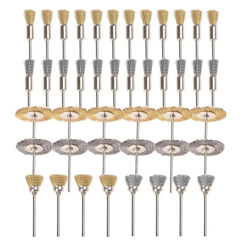 

44 Pieces Mini Wire Brush Wheel Cup Brass Steel Wire Brush Set 1/8inch (m) Shank For Power Dremel Rotary Tools Polishing Buffi