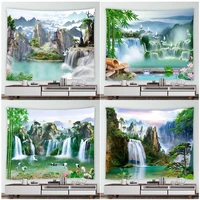 chinese style landscape tapestry green bamboo lotus crane mountain waterfall natural scenery wall hanging garden decor mural mat