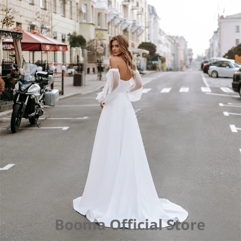 

Booma Satin Wedding Dresses 2019 Detachable Train Long Sleeve Bridal Gown White Ivory Wedding Gown Open Back Court Train