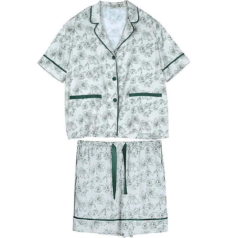 

Summer High-grade Ice Silk Flower Print Pajamas for Women Thin Short-sleeved Shorts Two-piece Suit Lapel Satin Home Clothes 2021
