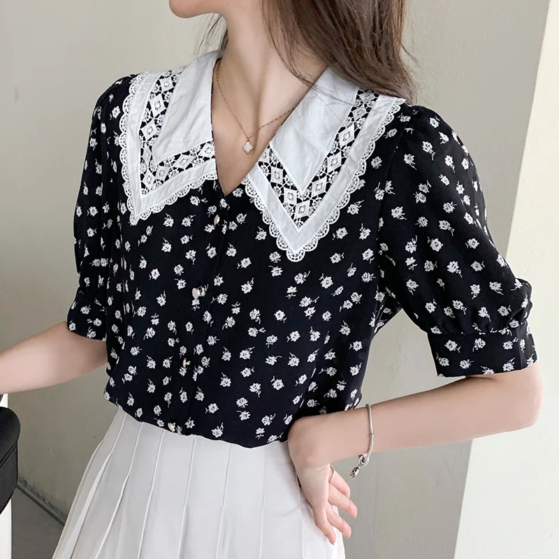 

Chic Black Floral Print Puff Sleeves Women Blouse Fashion Lace Doll Collar Chiffon Shirts Summer Casual Ladies Blusa Tops
