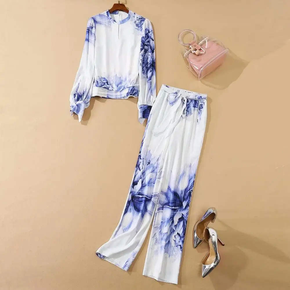 

Женская одежда в американском и Европейском стиле, осень 2021, новый стиль, рубашка с длинным рукавом-фонариком и принтом, брюки, модные костюм...