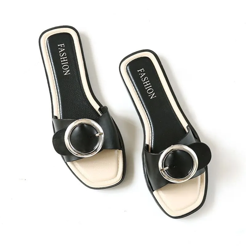 Обувь с квадратной пряжкой женская летняя модная обувь на плоской подошве и