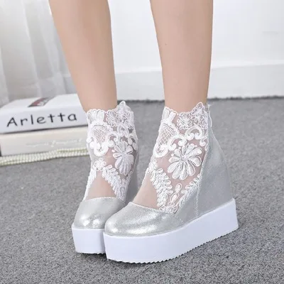

Slope heel high-heeled shoes Korean lace mesh sandals fish mouth women's shoes spring casual shoes summer new single