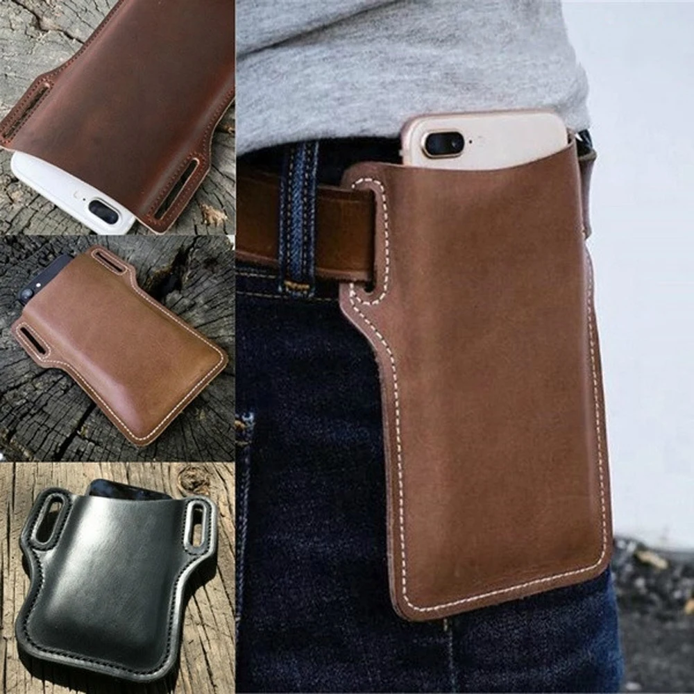 Men Leather Vintage Pack Waist Bag Belt Clip Phone Holster Travel Hiking Cell Mobile Phone Case Cover Belt Pouch Purse