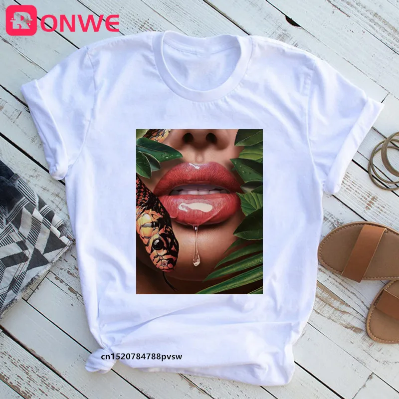 

Women Flower Sexy Lips Snake Tshirt Girl Harajuku Casual White Top T-Shirt Female Clothes,Drop Shipping