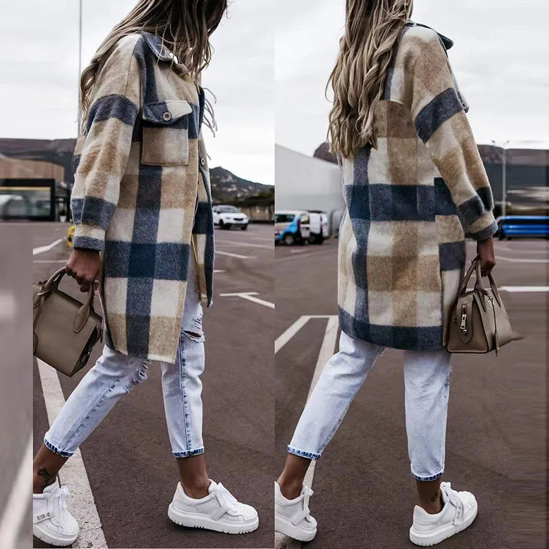 

Casual Long Plaid Shirt Women Jacket Spring Warm Woolen Coat Streetwear Female Fashion Clothing Loose Blouse Outwear
