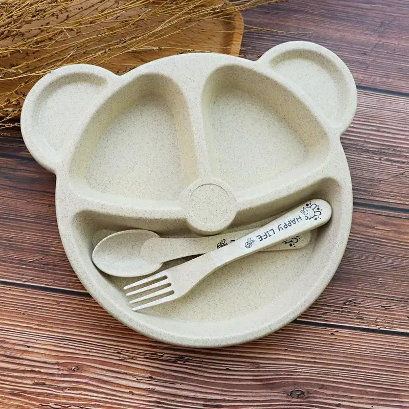 

Kids Dishes Eating Dinnerware Set Baby Bowl Spoon Fork Feeding Food Tableware Set Cartoon Bear Training Dinner Plate