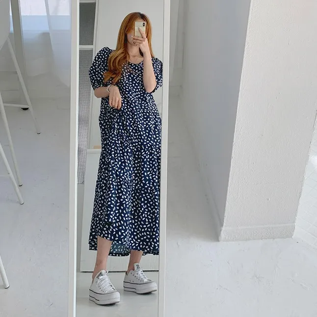 

COIGARSAM Print Women Long dress New Dresses Pink Blue Black 2810