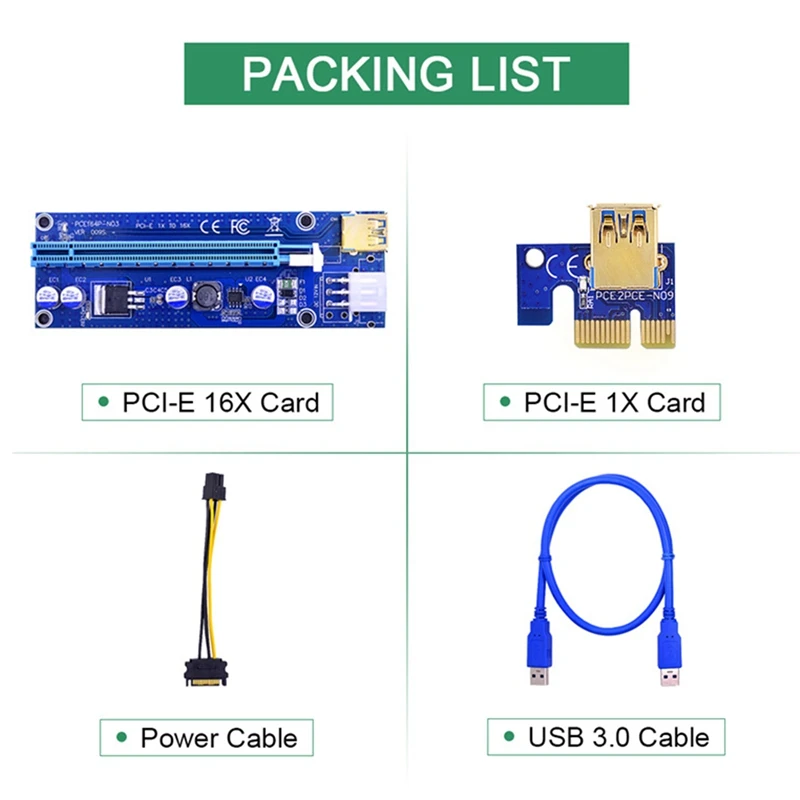 

10 Pcs VER009S PCI Express PCIE PCI-E Riser Card VER009S 6Pin to SATA 1X 16X USB3.0 Adapter LED with SATA Power Cable