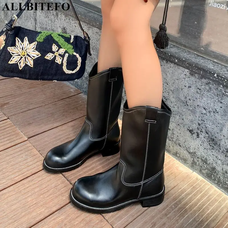

ALLBITEFO Size 34-40 Thick Heel Round Toe Fashion Comfortable Soft Genuine Leather Women Boots Autumn Winter Shoes Ankle Boots