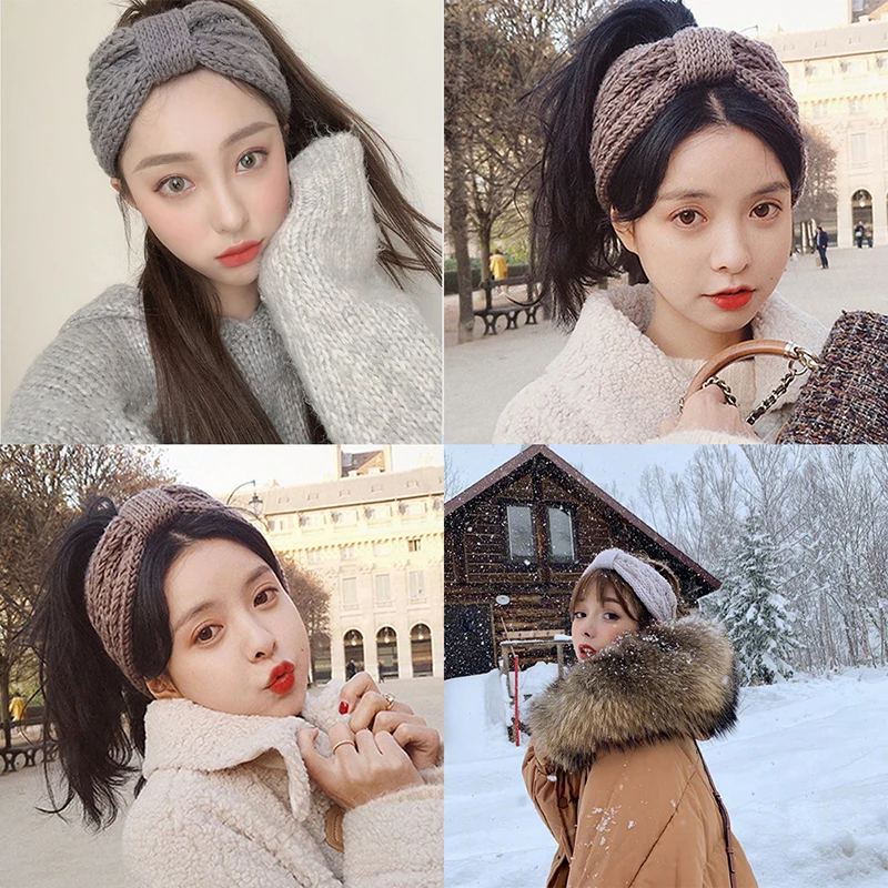 Зимняя Теплая повязка на голову женская вязаная крючком плетеная шерстяная