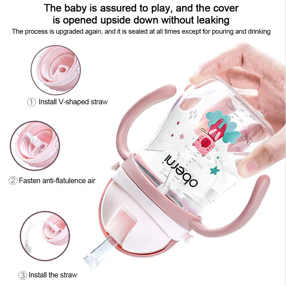 Taza para beber con pajita con asa, taza de aprendizaje para ni&ntilde;os y beb&eacute;s, taza sellada a prueba de fugas-3