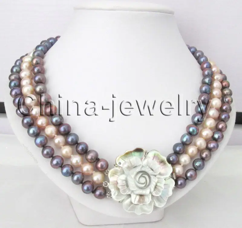 

- 18.5-20.5" 3row 9-10mm black & pink round freshwater pearl necklace