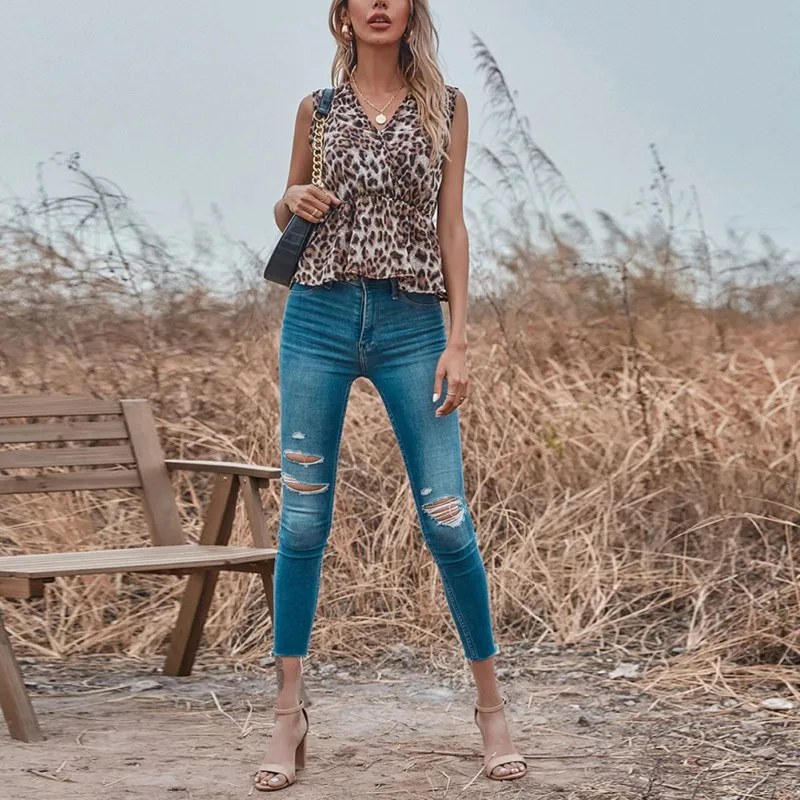 

Women's Summer Fashion Sleeveless Vest V-neck Sexy Leopard Printed Ruffle Ladies Shirts and Tops Female Blouses Plus Szie S-XL