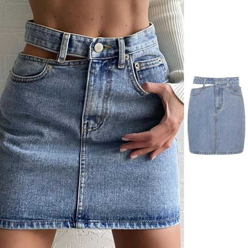 

Women Sexy Irregular Hollow Out High Waist Mini Denim Skirt Solid Color Package Hip Zipper Blue Slim Summer A-Line Streetwear wi