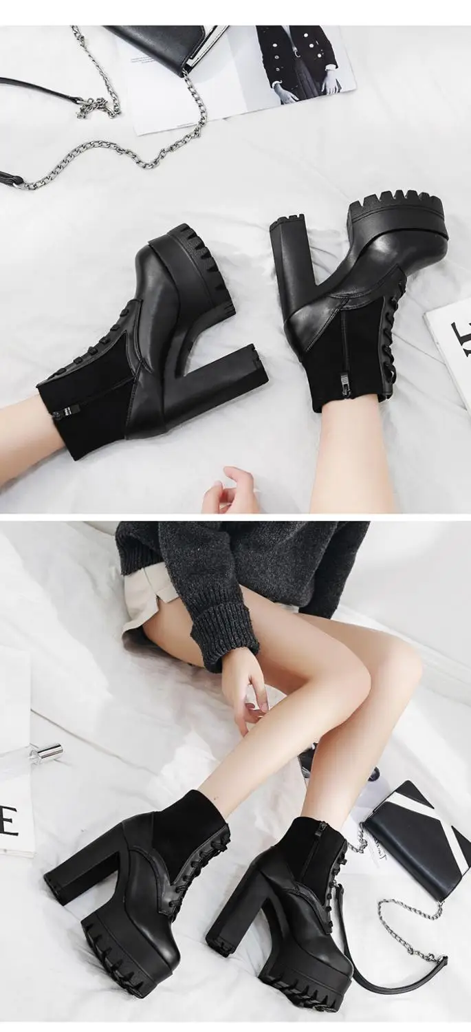 Женские кожаные ботинки на молнии черные осенние платформе и каблуке со