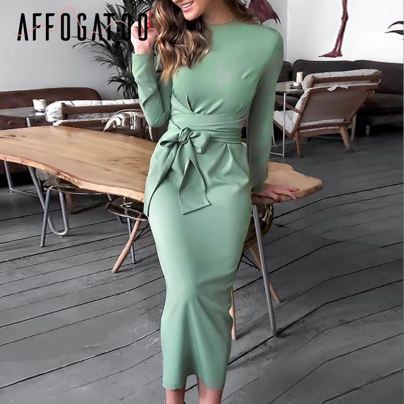Affogatoo Sexy Elegant lace up bow tie women midi dress High waist office ladies Autumn winter bodycon female party | Женская одежда