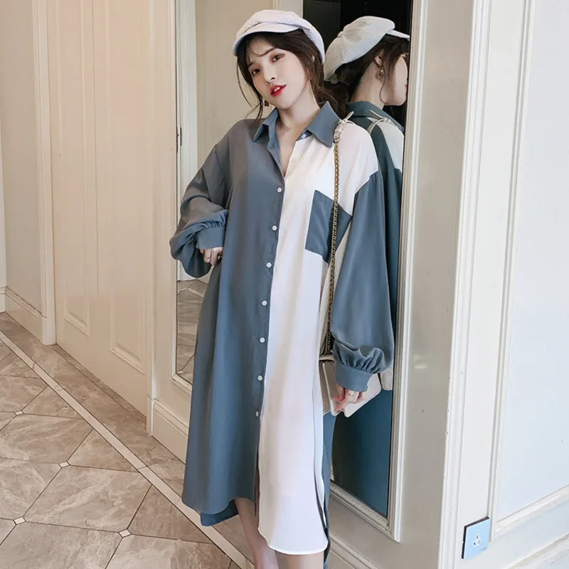 [EWQ] контрастное маленькое длинное платье-рубашка с карманом корейское свободное