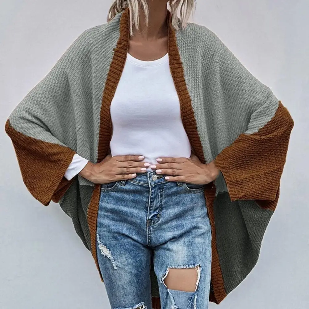 

Женский кардиган оверсайз, вязаный свитер в уличном стиле с рукавом «летучая мышь», кимоно контрастных цветов, Осенний шикарный кардиган, с...