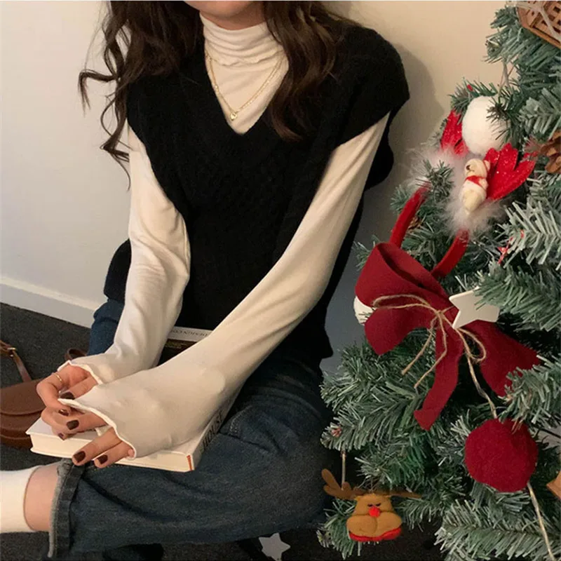 

3 colors 2020 Korean preppy style Soild Color v neck vest sweaters womens sleeveless knitted sweaters female (X1680