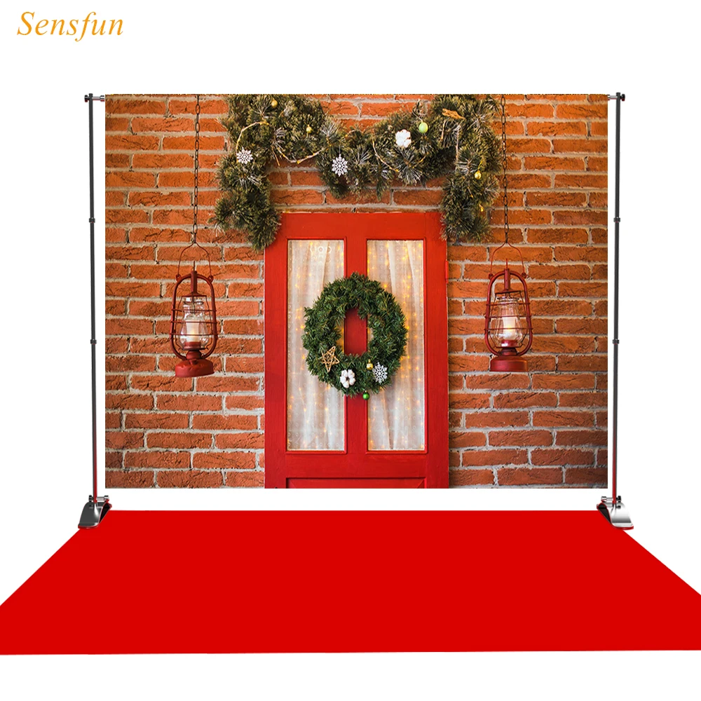 

LEVOO new photo backdrop Christmas Brick wall lantern red door background nature photocall photo studio shoot prop