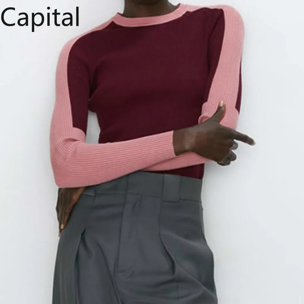 

Pull Femme Hiver Dames Новый Женский Повседневный джемпер с длинным рукавом и круглым вырезом, цветные свитера, блузка, топы, Лоскутная Мода