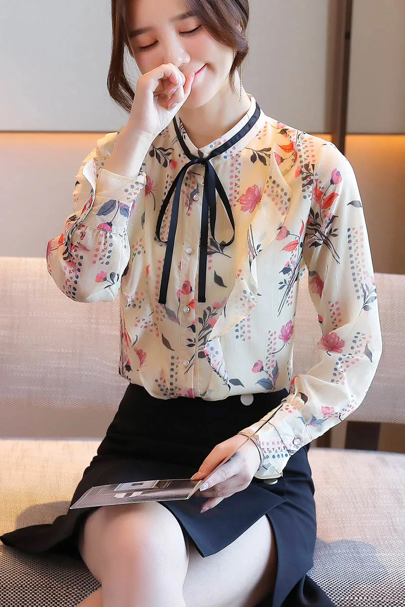 

COIGARSAM Chiffon blouse women New Spring Stand Neck blusas womens tops and blouses 6122