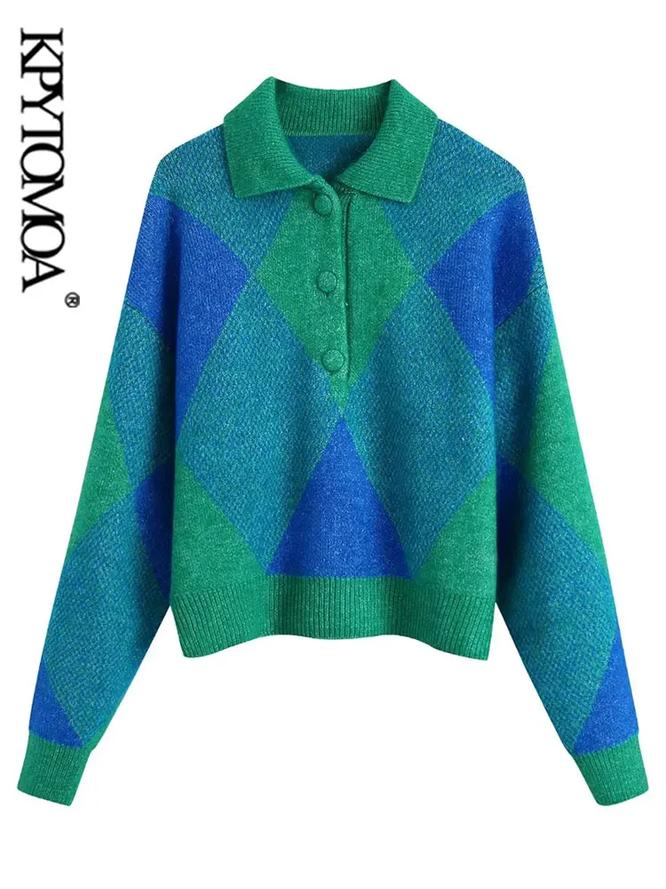 

KPYTOMOA Women Fashion Argyle Jacquard Knit Polo Sweater Vintage Long Sleeve Front Covered Buttons Female Pullovers Chic Tops