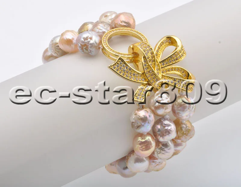 

P6771 3row 8" 11mm Pink Lavender Almost-Round Edison Keshi Pearl Bracelet CZ