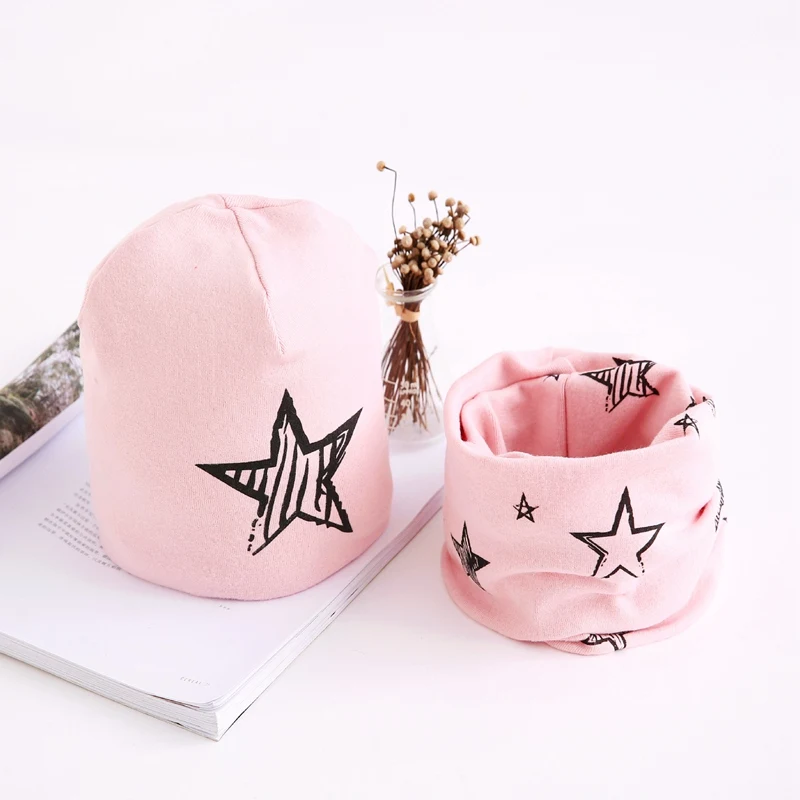 New Cotton Baby Pom Hat Winter Warm Kids Hats Scarfs Set Star Printing Beanie Soft Comfortable Children Cap | Детская одежда и