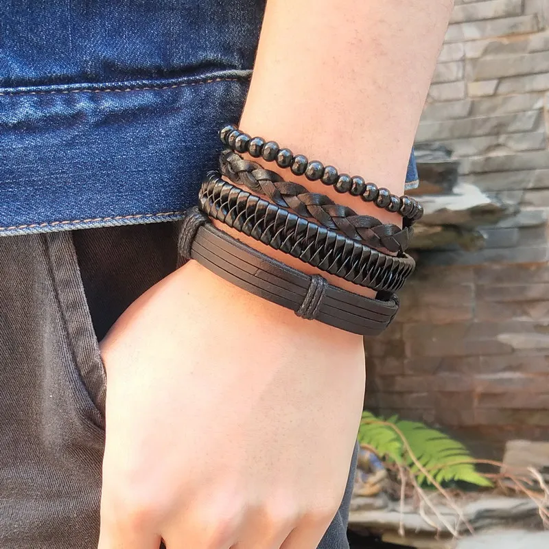 Leather Bracelets for Men Brown Bracelet Vintage Multilayer Handmade Rope Wrap Male Gift Jewlery | Украшения и аксессуары