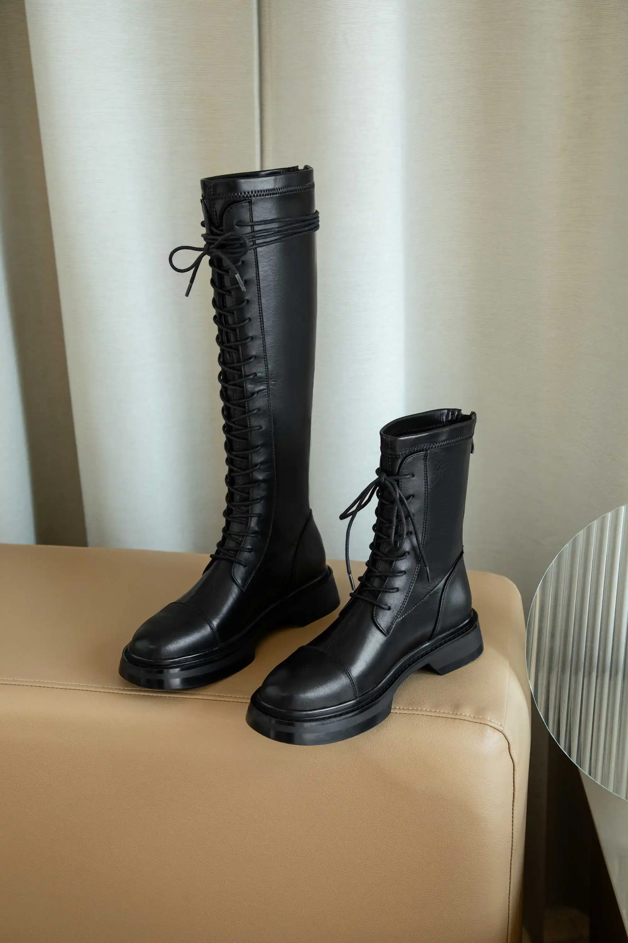 

Lenkisen riding boots stretch high quality round toe thick med heel zipper beauty girls dating punk fashion knee high boots L35