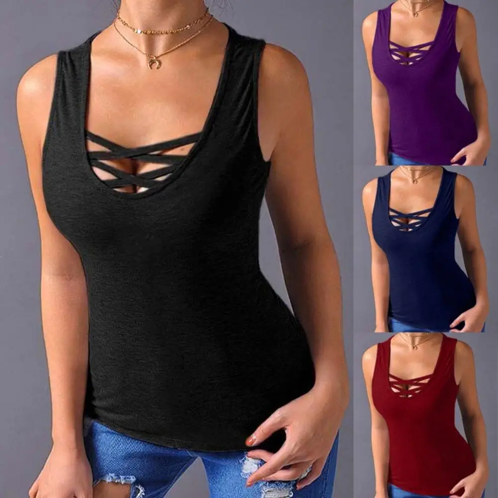 Plus Size Fashion Summer Solid Color Women Clothing Cross Strap Round Neck Selveless Casual Loose Tank Top Vest Tops Plus Size Fashion Summer Solid Color Women Clothing Cross Strap Round Neck Selveless Casual Loose Tank Top Vest Tops