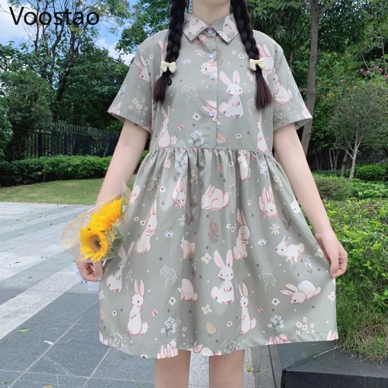 

Платье сладкой Лолиты в японском стиле, женские милые мини-платья в стиле преппи с мультяшным принтом кролика, летнее свободное платье-руба...