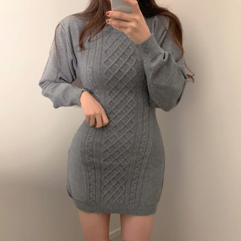 

Korean Fashion Knitted Dresses For Women 2021 Autumn Winter Warm Long Sleeve Solid O Neck Sexy Hollow Out Bodycon Mini Dress
